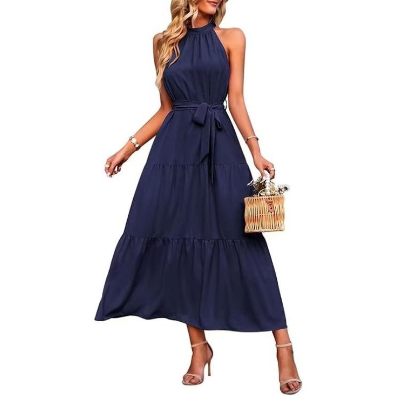 Fashion Sleeveless Summer Elegant Long Dress New Loose Casual Women Simple Office Solid Color A-line Party Dress Female Lace-up Holiday Women Clothing