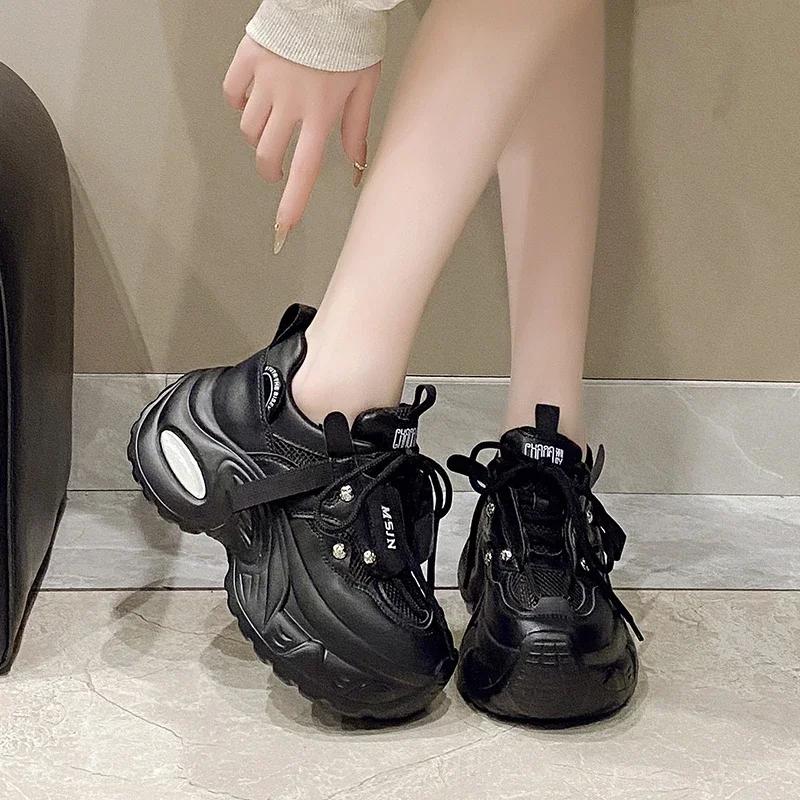 7.5CM New 2025 Summer Women Platform Sneakers Thick Bottom Breathable Mesh Casual Chunky Shoes High Heel Sports Dad Shoes Woman