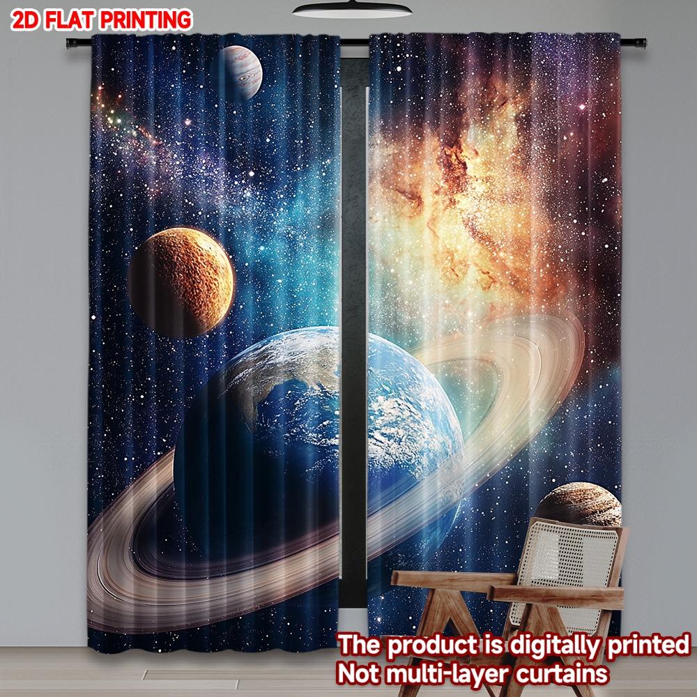 2D Flat Printing 2pcs Party Curtain Celestial Planets and Stars Digital Printed Polyester Drapes Holiday Decorations for Home &
