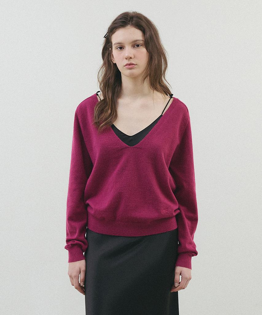 HANE Solid Deep V-Neck Knit_Magenta
