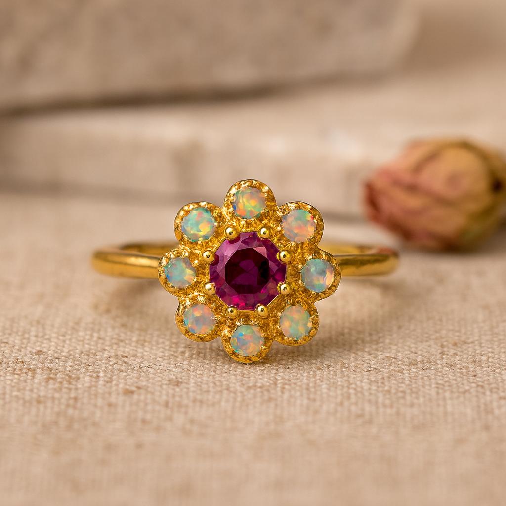 Wedding Engagement Anniversary Promise Gift – Red Ruby & White Opal Ring, Handmade Art Deco July Birthstone Gemstone Bridal Jewelry