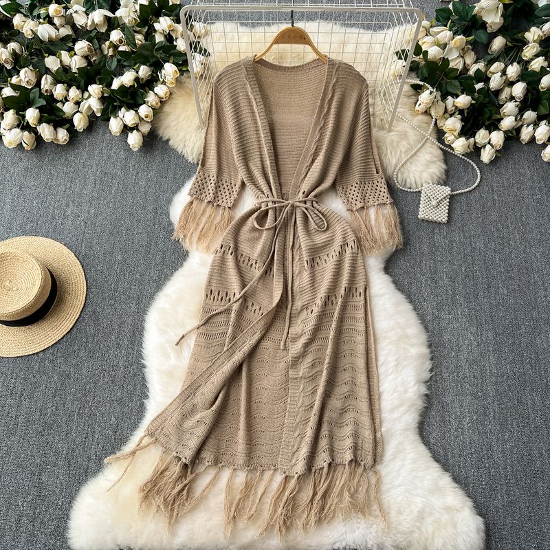 

Korean Style Fancy All-Matching Youthful-Looking Cut Out Knitting Long Outwear Women s Vacation Shoelace Waist-Tight Tassel Cardigan Shawl Khaki All yards