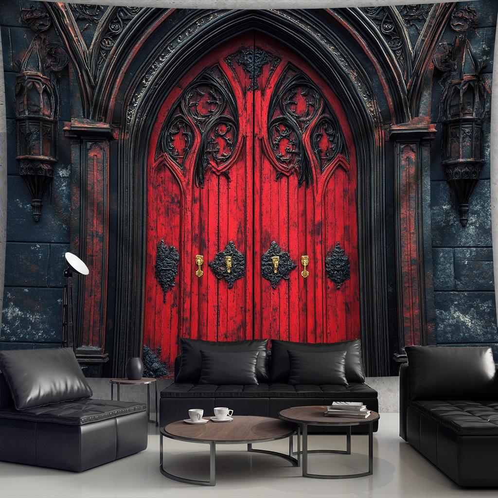 1pz Arazzo Porta Rossa Gotica Extra Large - Stampa in Poliestere Estetica Oscura con Intricati Motivi Floreali, 95g/mq, Orizzontale H