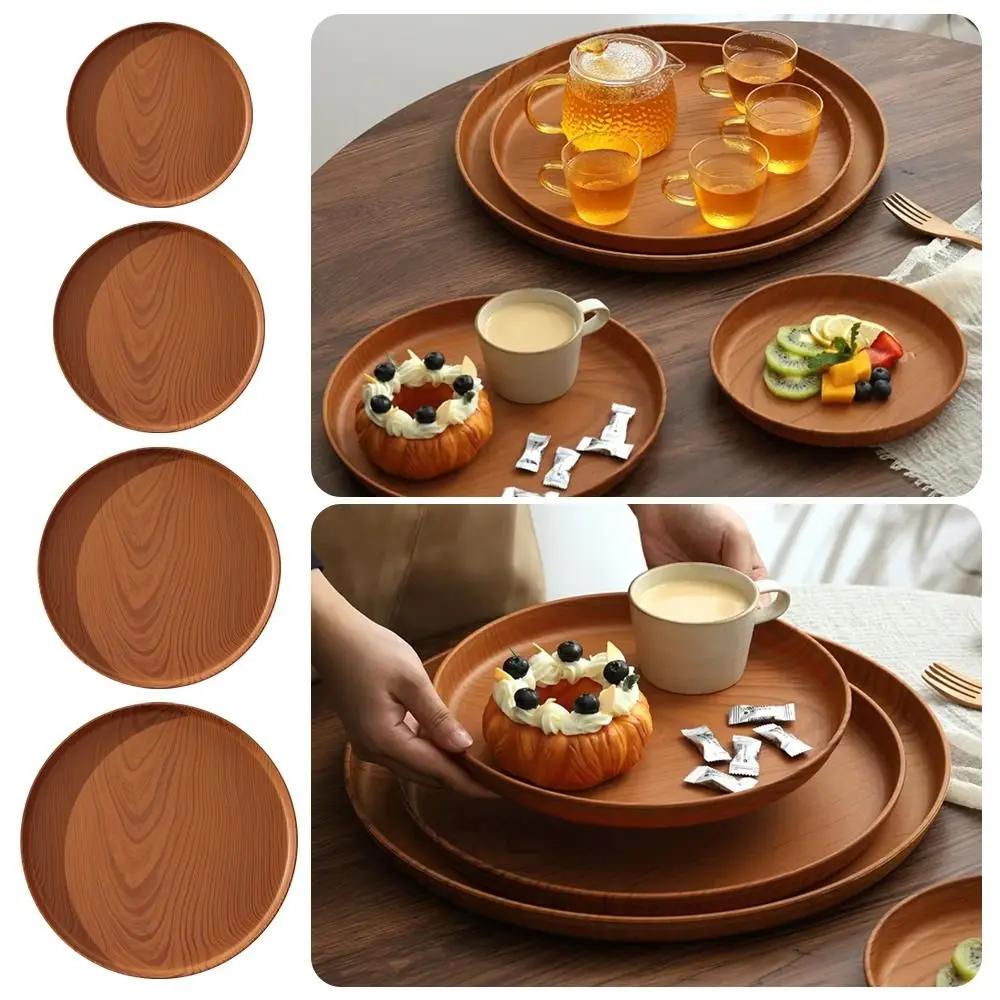 1Pcs New 20/26/32/38cm Imitation Wooden Tray Handmade Plastic Water Cup Tray Round Dishes Plate Home Use