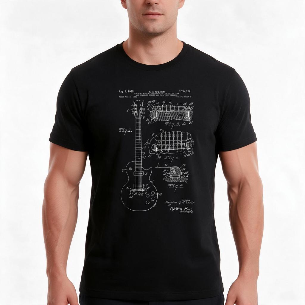 Classic Vintage Patent Print 1955 Rock Guitar Tshirt Summer Casual Cotton Tee Oversized Streetwear Tops Unisex Unisex Unisex
