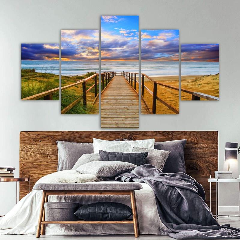 5 Panels Wood Bridge Posters Wall Art Landscape Beach Home Decor Sunset Canvas Prints Natural Painting Modern Pictures NO FRAME