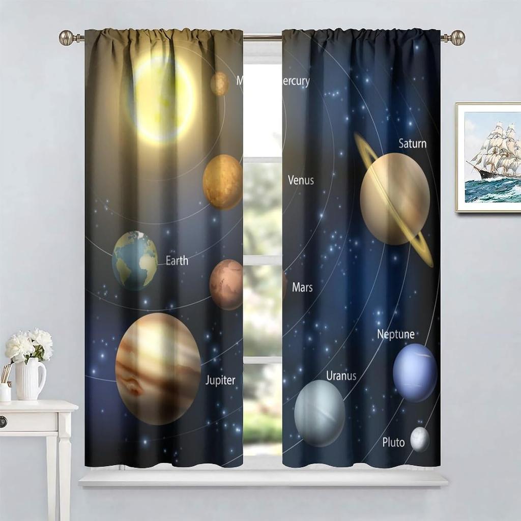 Outer Space Curtains for Kids Bedroom,Solar System Window Treatments Galaxy Knowledge Universe Planets Educational Window Drapes