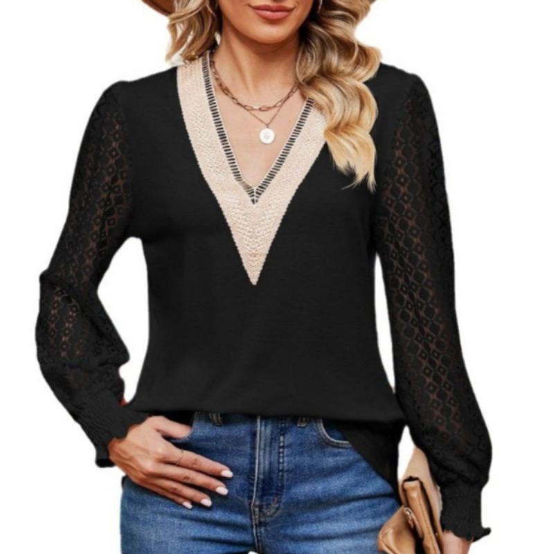 

Women s Autumn Summer V-neck Lace Patchwork Long Sleeved T-shirt Casual Top S чорний