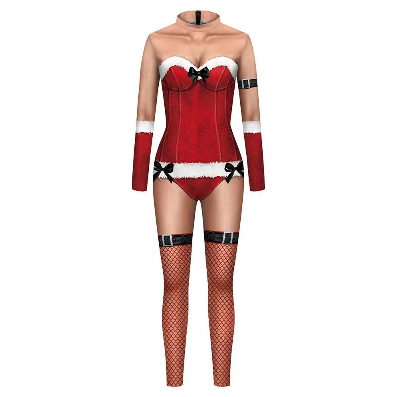 Christmas Jumpsuits Sexy Flesh Rompers Xmas Party Cosplay Women Bodysuit Party Slim Long Sleeve Playsuit Rave Outfits