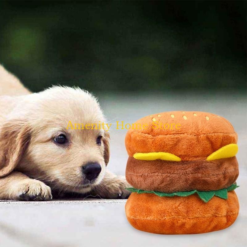 F26C Dog Squeak Toy for Pet Dogs Biteable Plush Toy Dog Chewing Toy Squeeze Hamburger Bone Toy Biting Resistant Cats Soft Toy