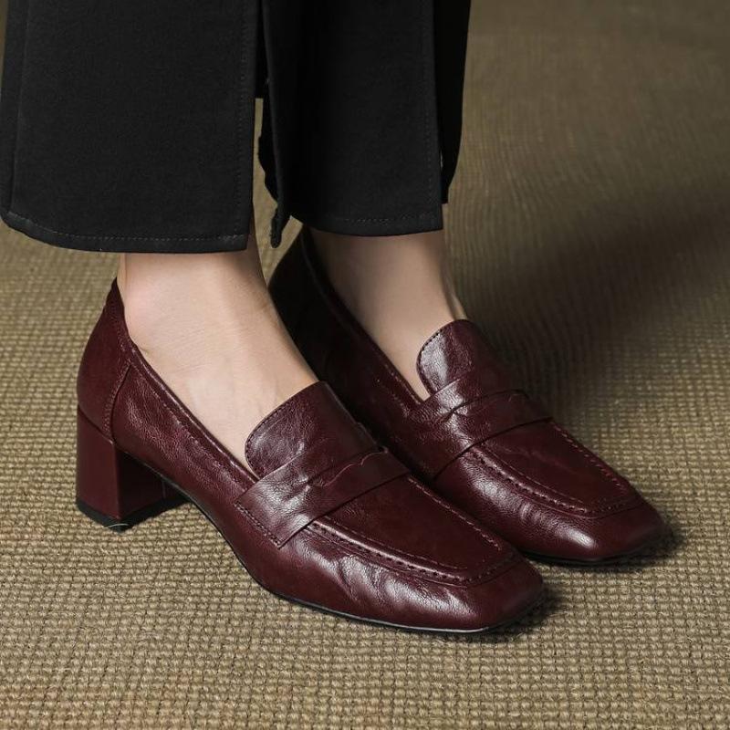 New four-season wear women's fashion single shoes thick heel large size women's shoes beef tendon sole square heel low-top medium heel sheepski