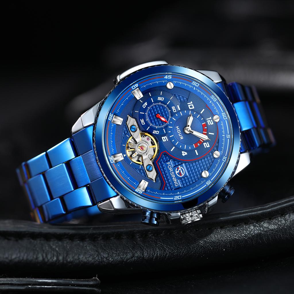 Forsining Mens Automatic Watches Stainess Steel Waterproof Wrist Watches Tourbillon Self Winding Mechanical Diamond Dial Wrist Watch