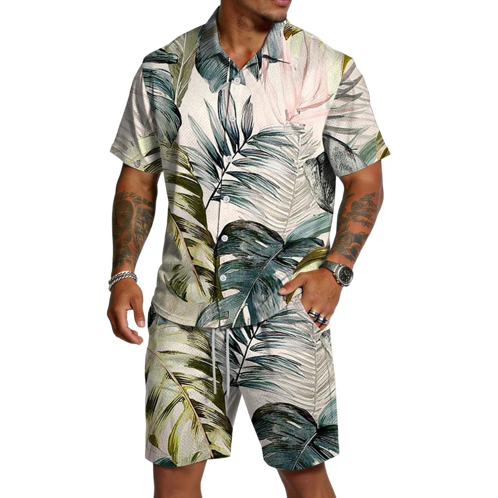 Men's Casual Printed Top and Drawstring Shorts Set Lightweight Breathable Set for Summer
