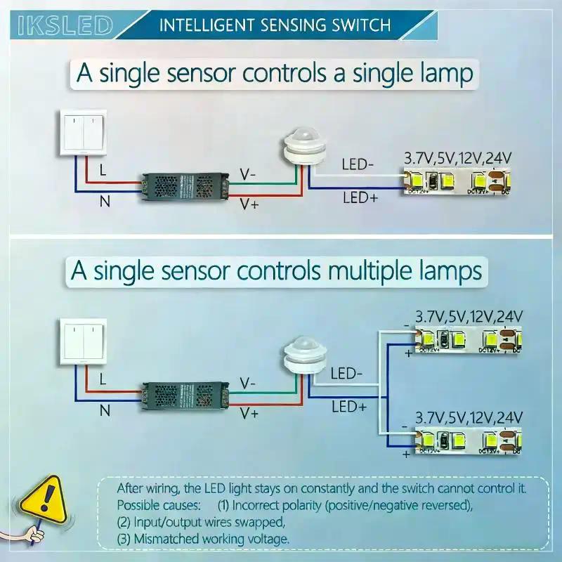 1 Set LED Human Body Infrared PIR Sensor Switch 12V/24V With 1-Second Low-Level 3.3V High-Level Serial Signal Output