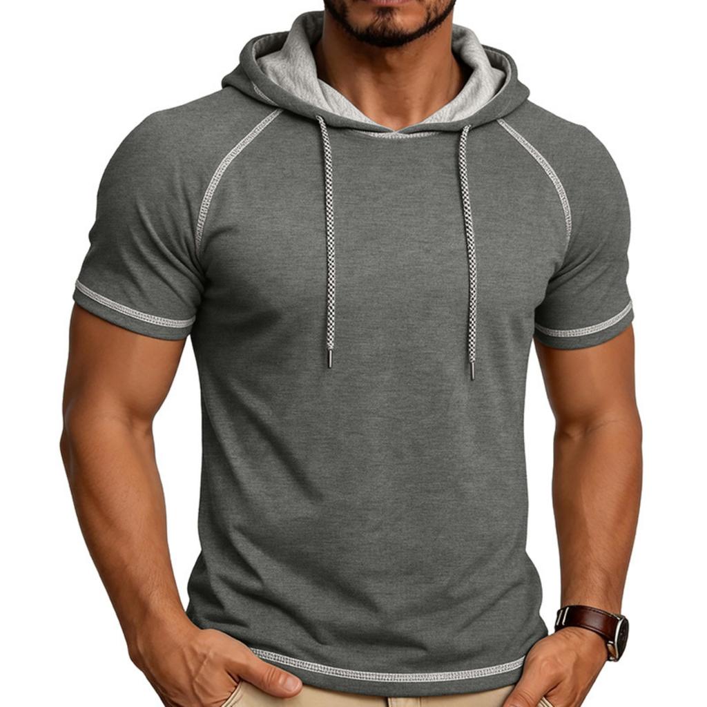 Camiseta de Manga Corta con Capucha para Hombre Casual Pullover Ligera Manga Raglán Sudadera con Cordón Ajuste Atlético Top de Verano