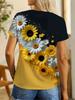 Women's Floral T-Shirt - Black ; Yellow Sunflower Print Tee With. Breathable Machine-Washable Fabric. Casual Everyday ; Party Outfits - SpringSummer F