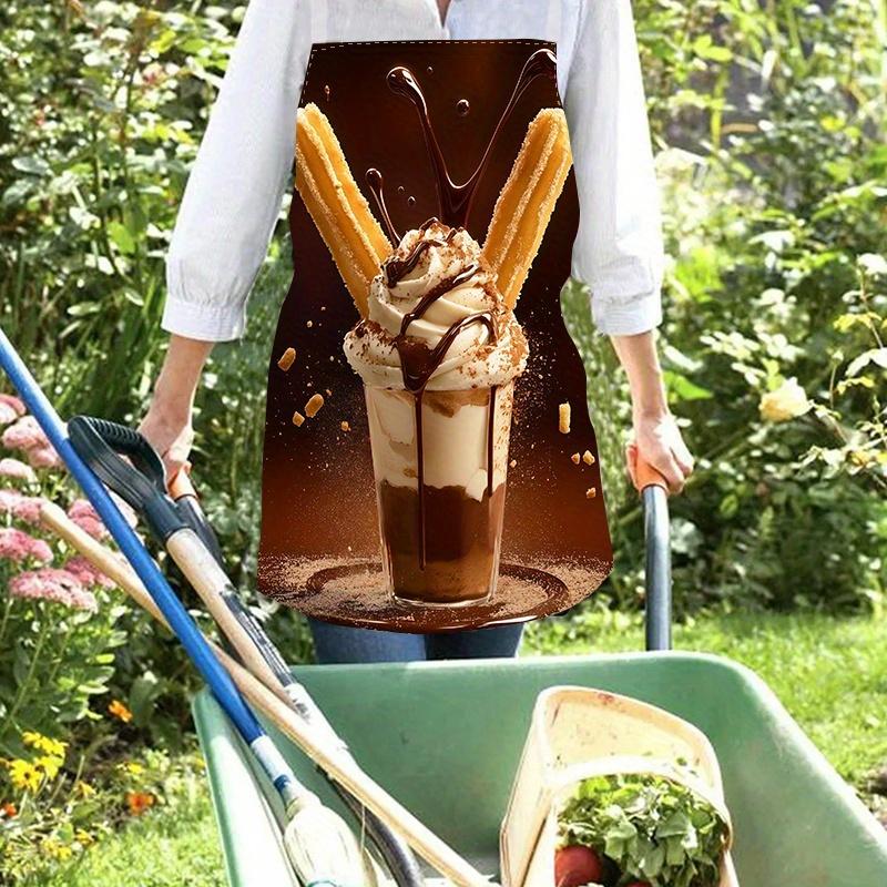 1pc Chocolate Milkshake Apron Linen Kitchen Baking Cooking Sweet Dessert Theme Funny Design Adjustable Neck Strap Home Use