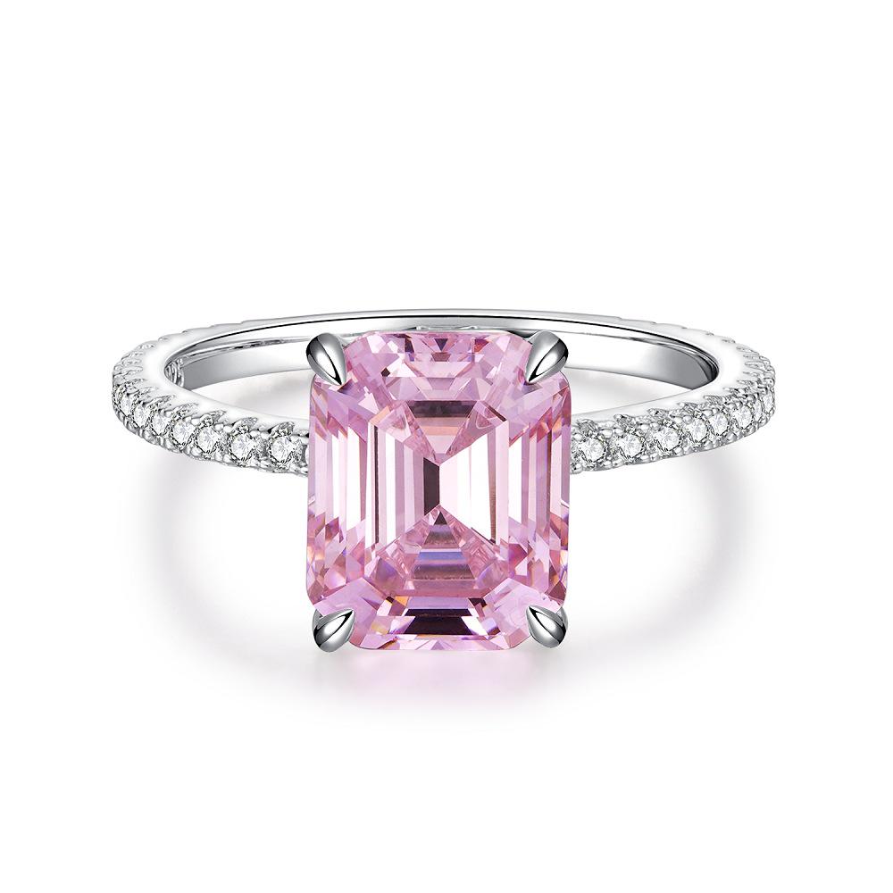 Aquamarine Emerald-Cut Ring In 925 Sterling Silver with Pave Diamonds, Plated In PT950 Gold.