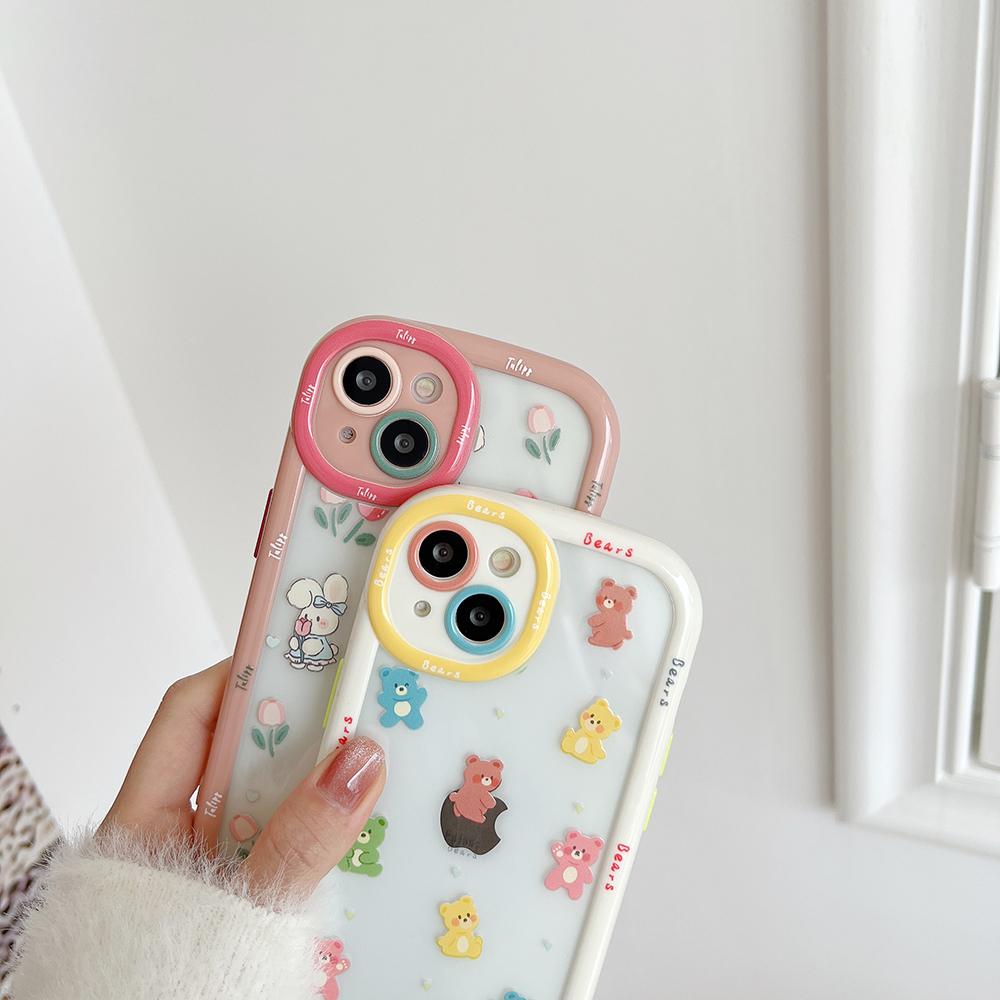 Cute Rabbit Cartoon Bear Shockproof Bumper Flower Phone Cases For Iphone 14 11 12 13 Pro Max Soft Transparent Back Cover Case