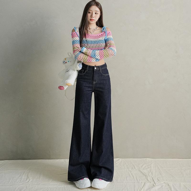 Do not stick to the legs and pull the jeans slightly. Women's New Year's New Spring and Autumn High Waist Skinny Popular Wide Leg Small Flared Pants