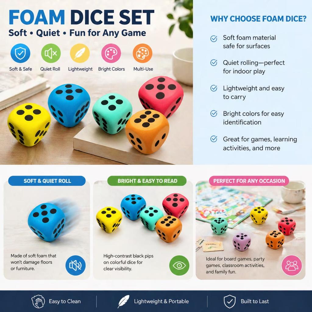 6pcs Six-Sided Foam Dice Set Soft Lightweight Foam Dice for Classroom Games Educational Activities and Group Exercises