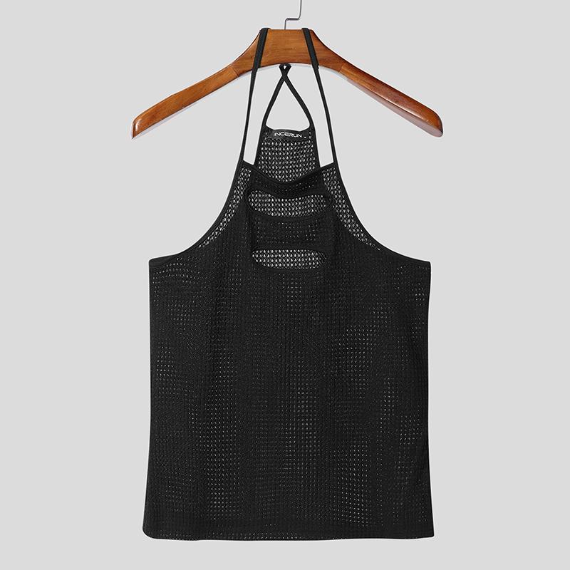 INCERUN Men Strap Sleeveless Hollow Out Mesh Sheer Solid Tanks Camisole