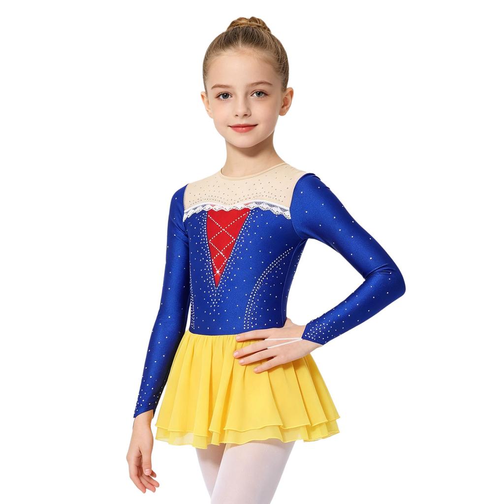 Girls Princess Costume Mesh Patchwork Long Sleeve Sparkly Rhinestones Lace Decor Contrast Color Dress