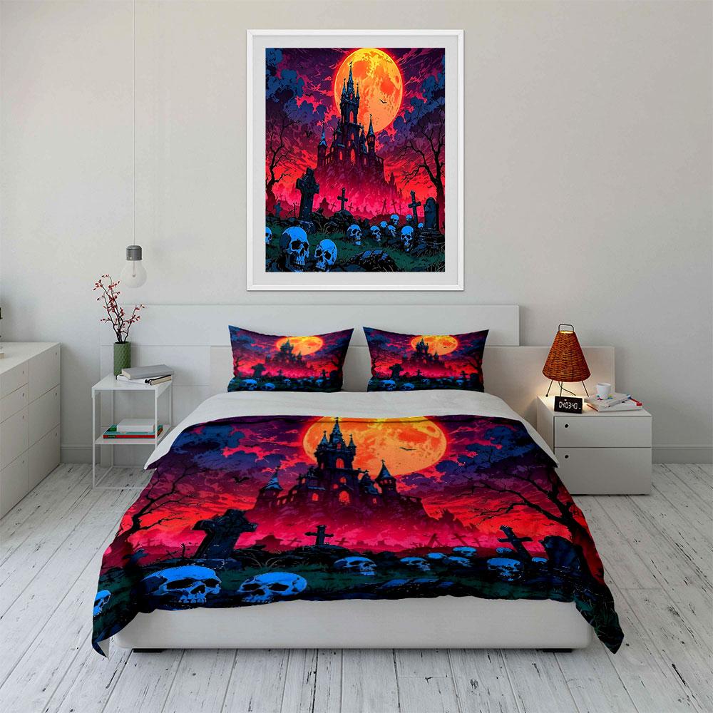 Haunted Castle And Graveyard Scene Exquisite Three-Piece Bedding Set Gift For Kids And Adults