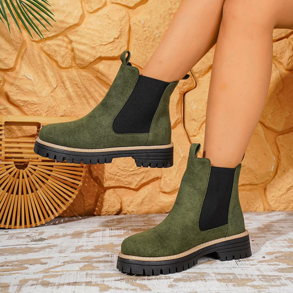 Women Suede Ankle Boots Autumn Winter Chunky Block Heel Martin Boots Elastic Slip‑On Chelsea Boots