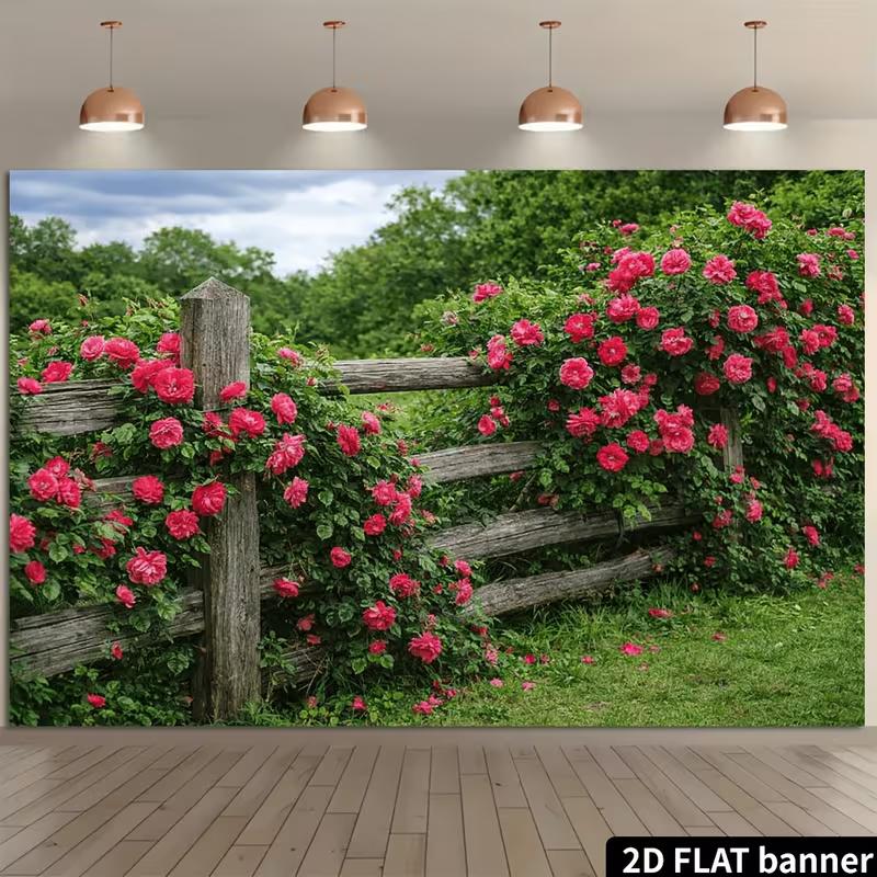 2D Bauernhaus Rosenzaun Kulisse Kletternde Rosa Rosen Fotografie Banner