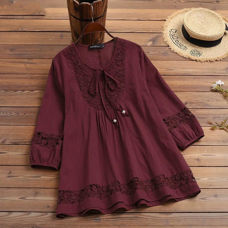 Dames Lente Plus Size Katoen en Linnen Splicing Design T-shirt Effen Kleur Temperament Losse Tops