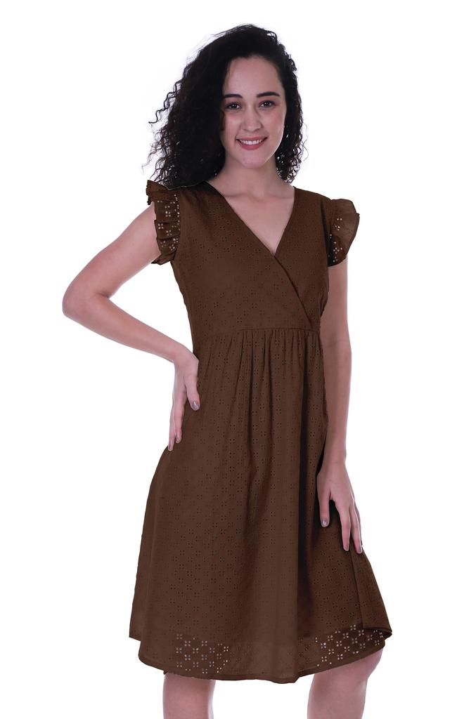 Moomaya Schiffli Dress Frill Sleeve W  V-neck Casual Relaxed Summer Garden