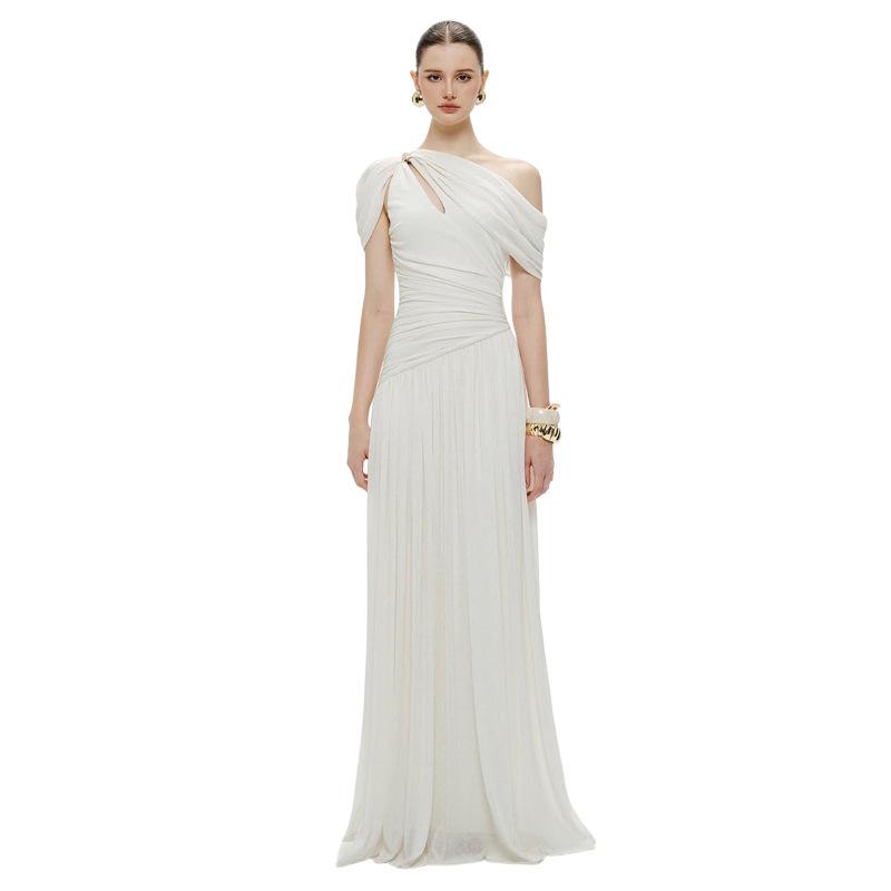 European and American new French gentle wind diagonal collar off-the-shoulder dress women's waist and thin high-end dress