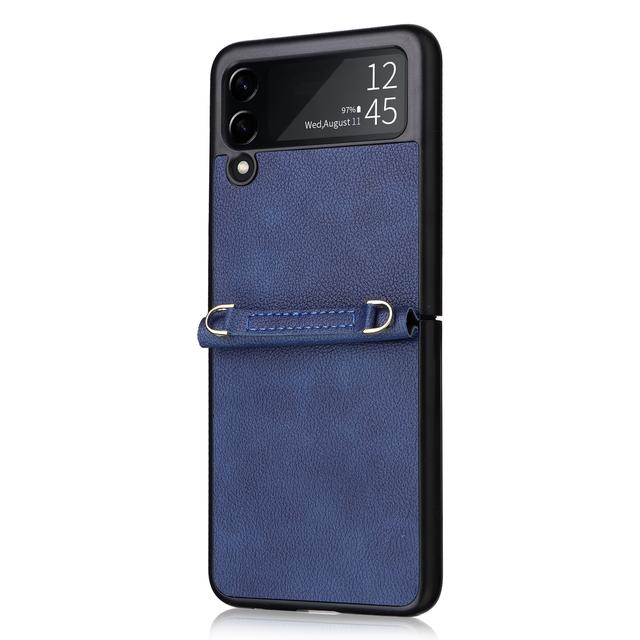 Fall Protection Phone Strap Leather Wallet Case For Samsung Galaxy Z Flip 4 5g Flip3 Flip4 Flip 3 Non -Fingerprint Folding Cover