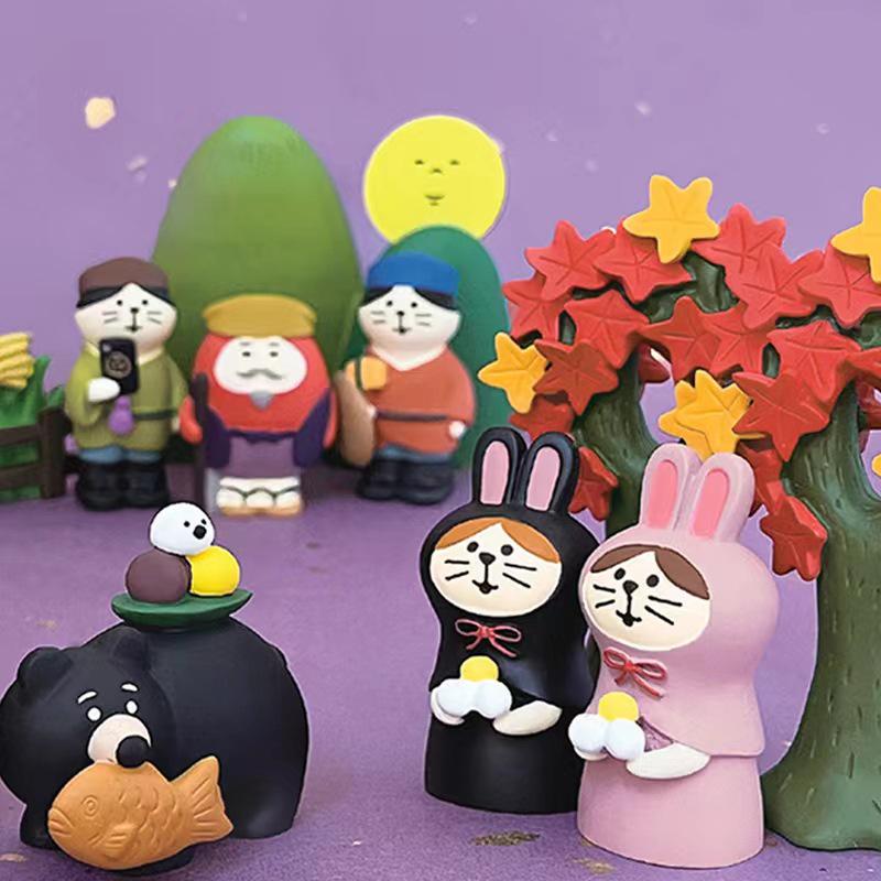 Mondfest Japanische Katze & Hase Figur Mondkuchen-Box Harz Dekor Geschenkset