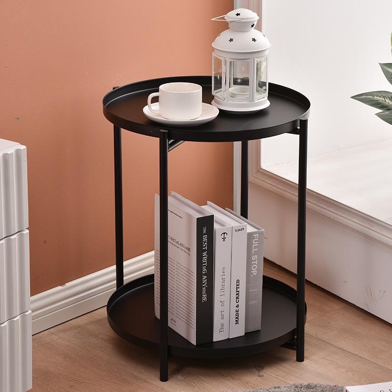 Nordic Creative Wrought Iron Coffee Table - Modern Minimalist Small Round Side Table with Double Layer Tray for Living Room or Balcony