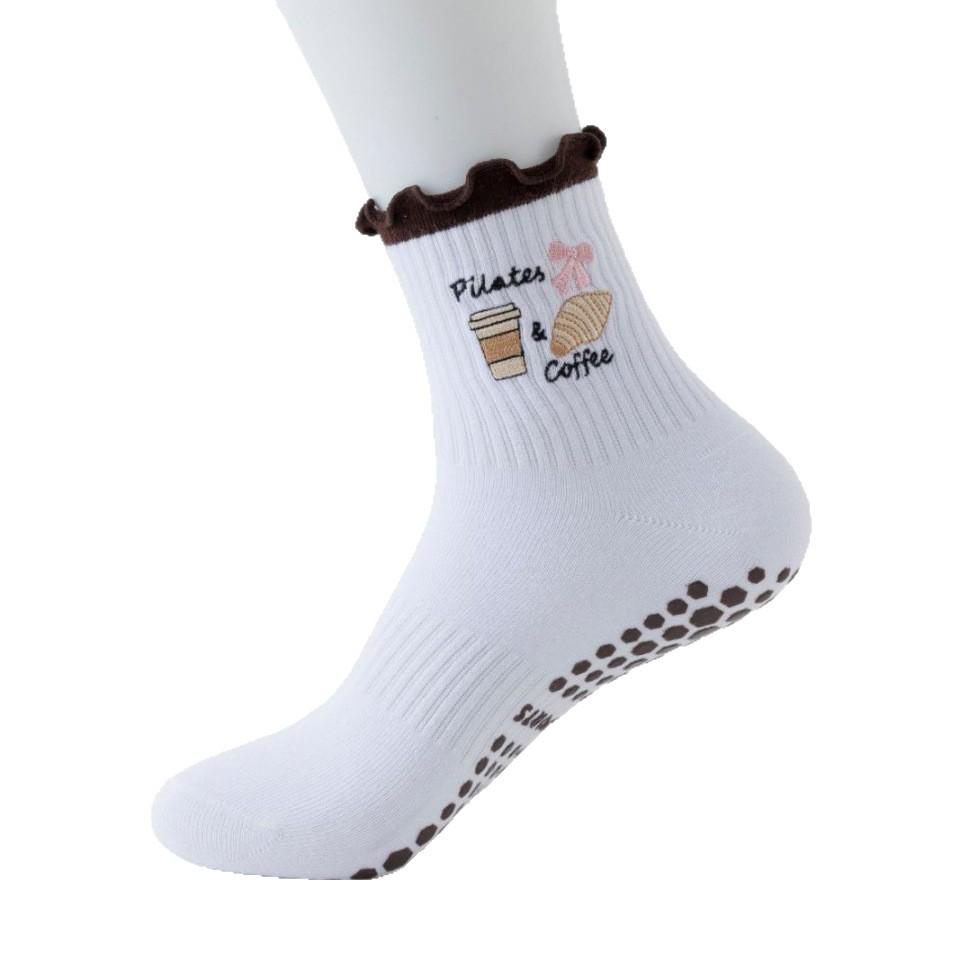 Women's Non-Slip Wear-Resistant Yoga Socks, Mid-Calf Embroidered Five-Toe Sport Socks for Dance and Indoor Fitness