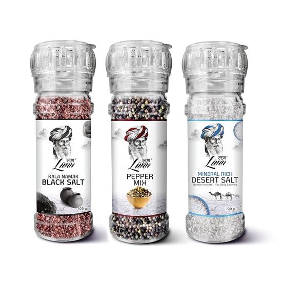 Комбо LUNN Мелкозернистая черная соль с зимней ПЕРЕРАБОТКОЙ пустынной солью (По 100 г каждый) & Смесь перцев (45 г) | Измельчитель (Пакет из 3)