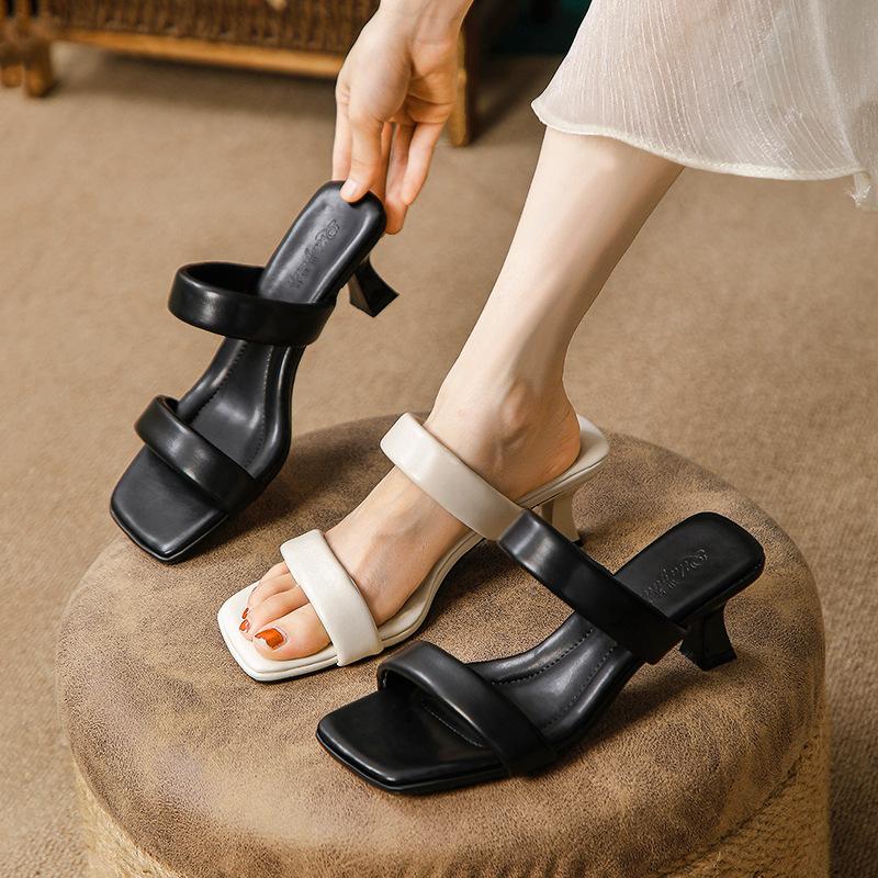 Fashion double band high heels slippers women sexy design strange heeled sandalias 2025 leather strap slides party shoes pantuflas mujer