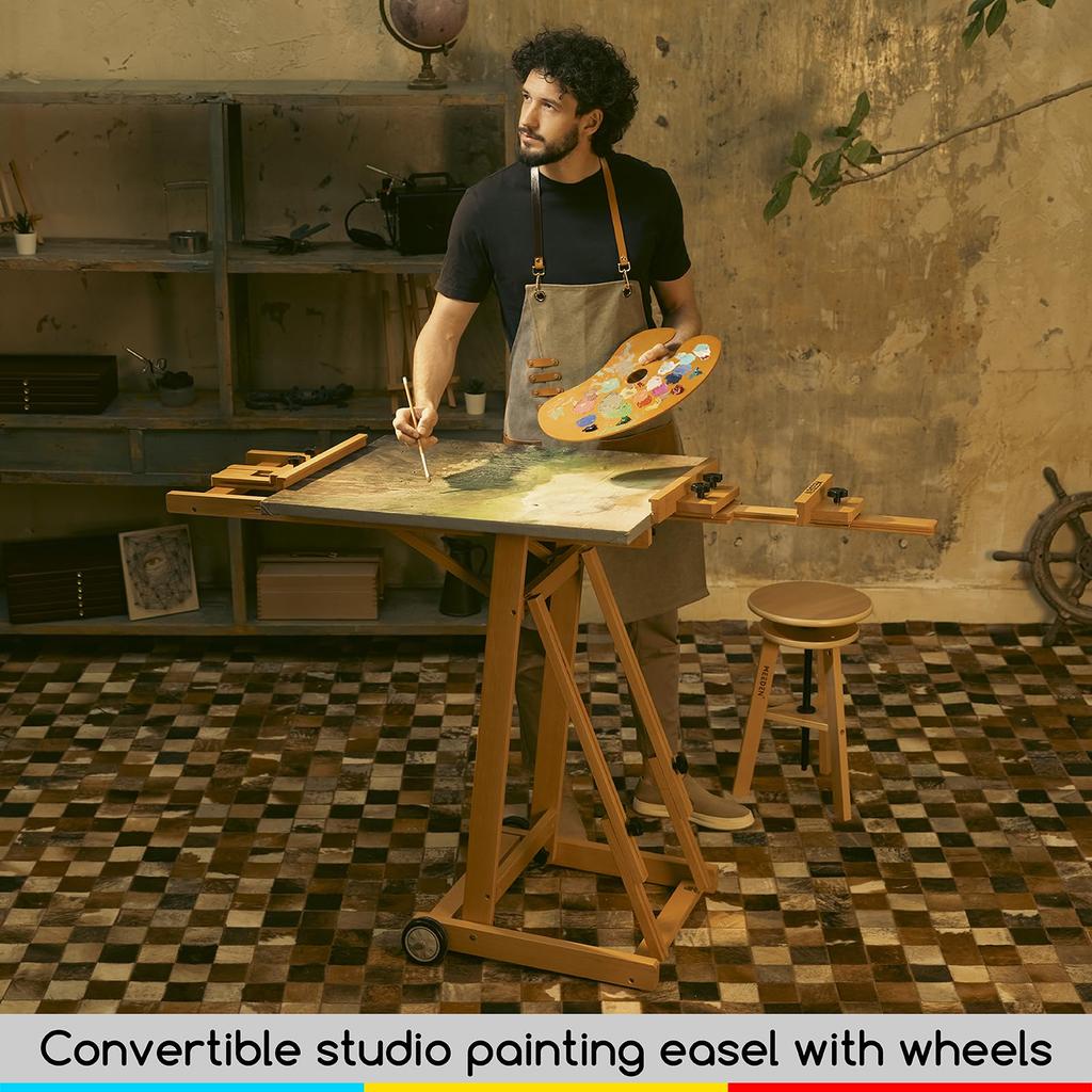 MEEDEN Easel Beech Wood Large Easel Angle Adjustable Horizontal Painting Movable Vertical Storage Supports 2 Stretched Canvases Up To 196cm Stretched