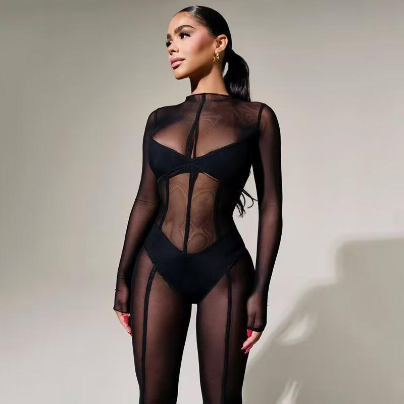 2024 Summer Sexy See-Through Mesh Jumpsuit - European & American Long-Sleeved Style