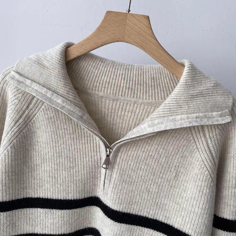 Retro Lapel Half Zipper Contrasting Striped Sweater Women Autumn Lazy Style Pullover Inner Knitted Base Shirt