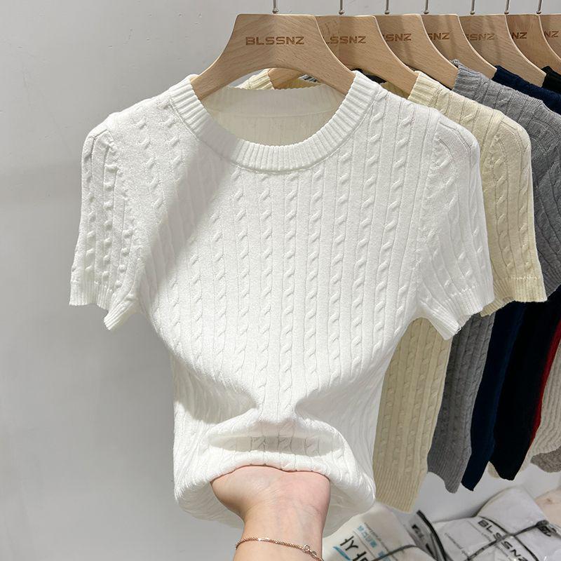 Women's Dark Blue Slim Fit Knit T-Shirt - Short Sleeve, Lightweight Summer Top.