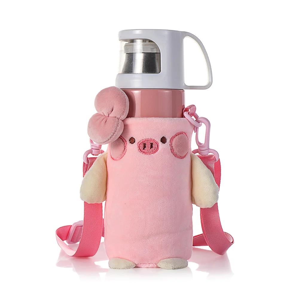 Cute Cartoon Cup Cover Kids Drinking Bottle Protective Cover Strap Lanyard Buckle Adjustable Plush Insulation Cup Case