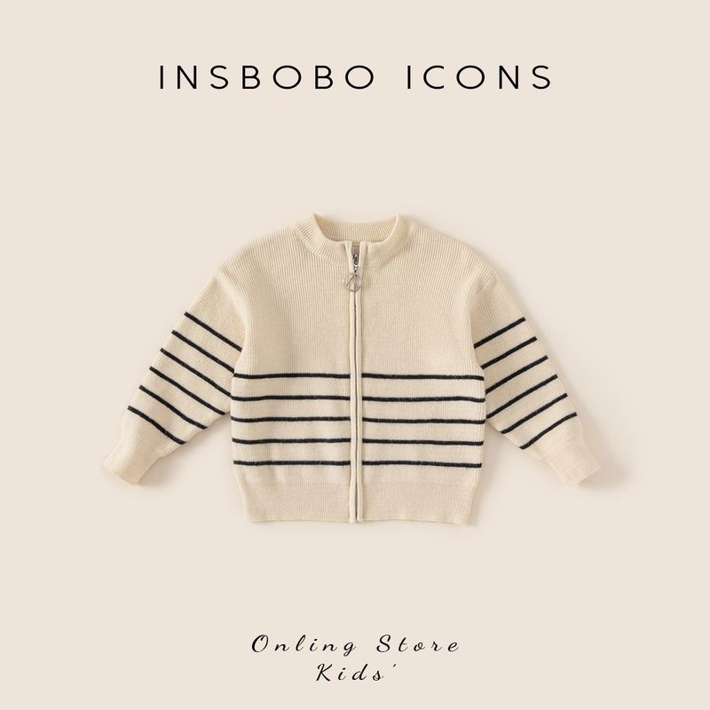 Insbobo Girls Sweater 2026 Spring New Style Kidsren s Stripesd Knitwear Boys Cardigan Outwear Knitwear Beige 80