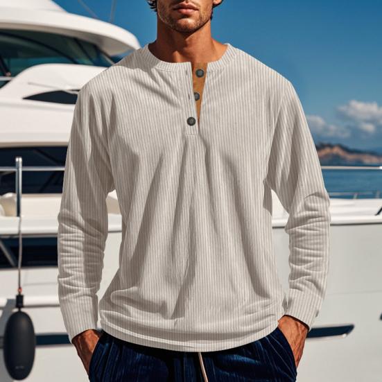 Men Long Sleeve T-Shirt Corduroy Solid Color Spring And Autumn T-Shirt Casual Henry Collar Slim Fit Tee for Daily Wear Travel Office