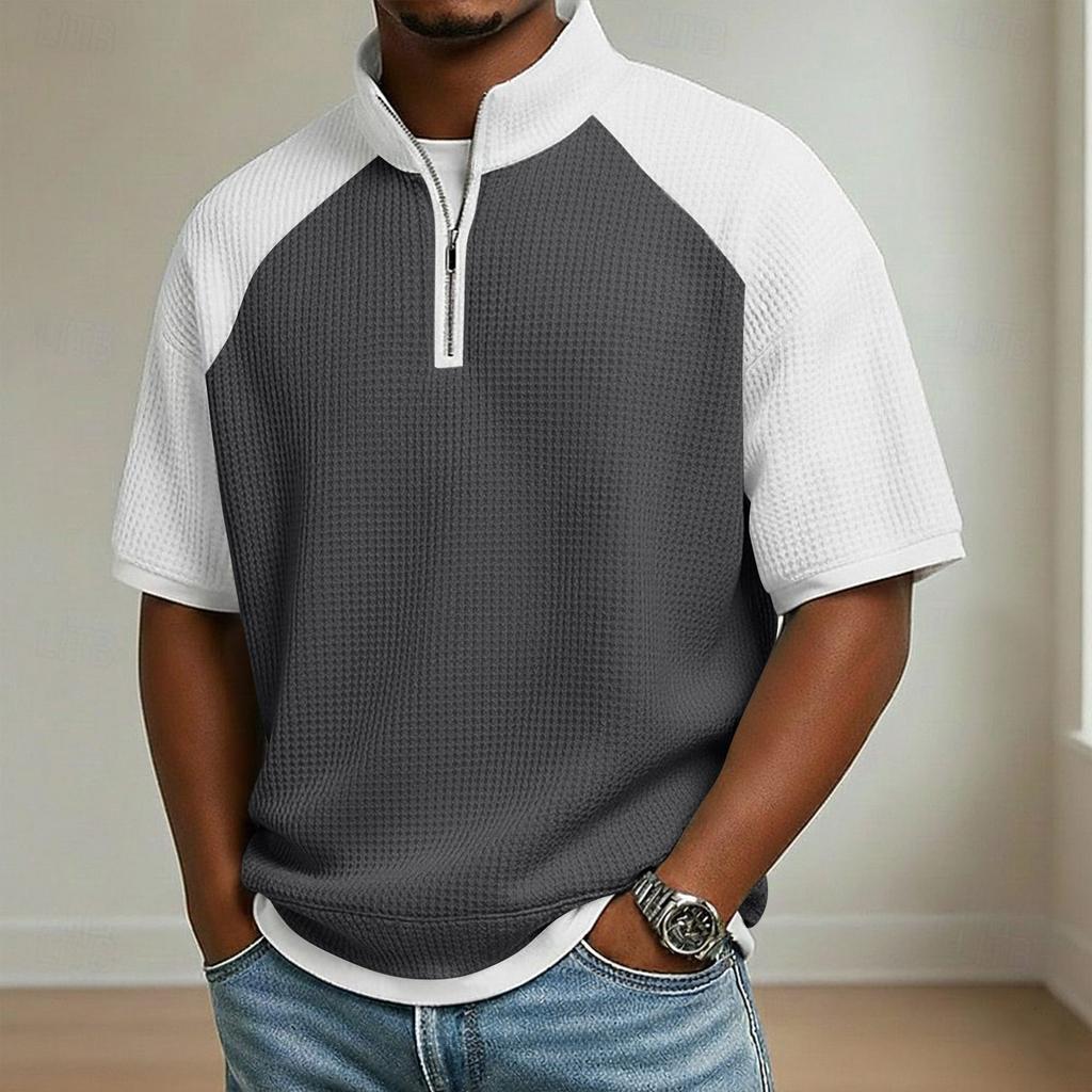 Men's Stand Collar Half Zipper Raglan Sleeve Color Block Casual Short-Sleeve Top