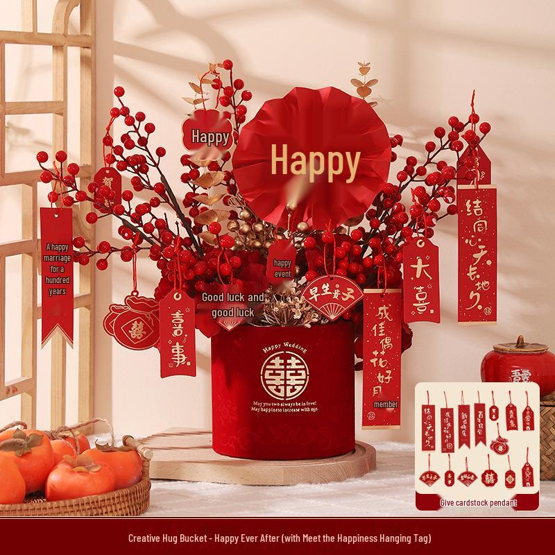 Engagement & Wedding Ornaments: Room Decor Bouquet & Double Happiness Bucket Set for Newlyweds - Ideal for Master Bedroom & Living Room.