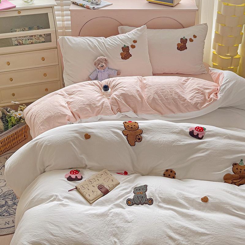 Class A Ins Pure Washed Cotton Bedding Four-Piece Set Quilt Cover Quilt Cover Bed Sheet Person Student Dormitory Three-Piece Set