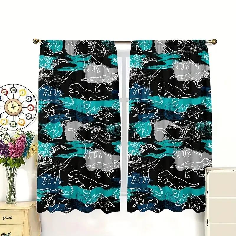 2 pieces - Geometric pattern Jurassic dinosaur printed curtains   window decorations   home decorations   room decorations